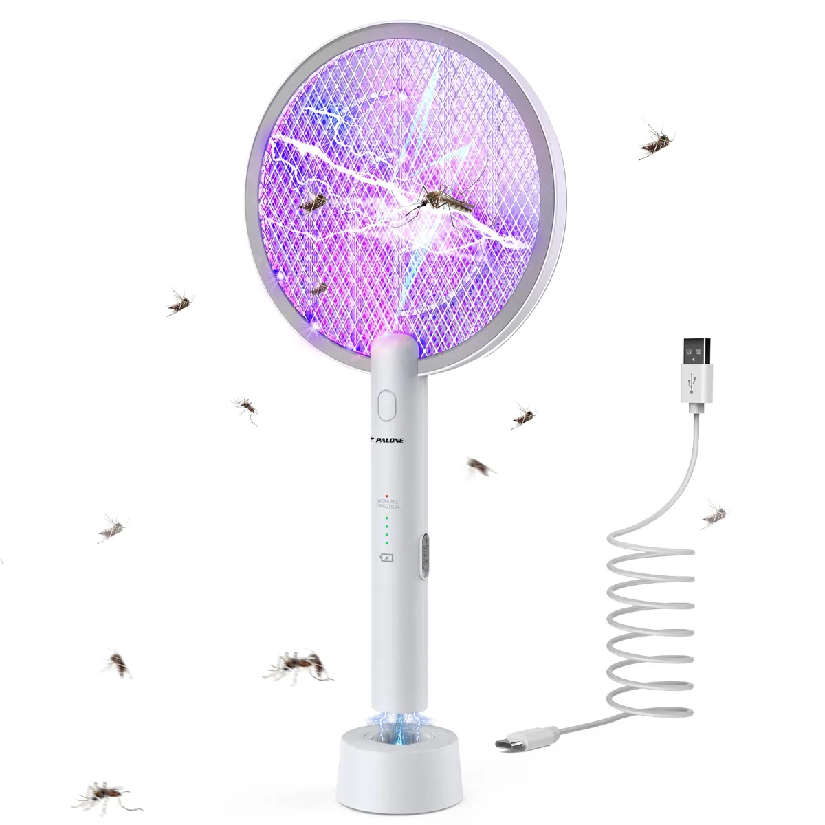 PALONE Racchetta Zanzare Elettrica, 4000V con USB Ricaricabile LED 2-In-1 Racchetta Zanzare Elettrico, Protezione Maglia a 3 Strati, Adatto per Casa Giardino Campeggio Interni ed Esterni - Bianco