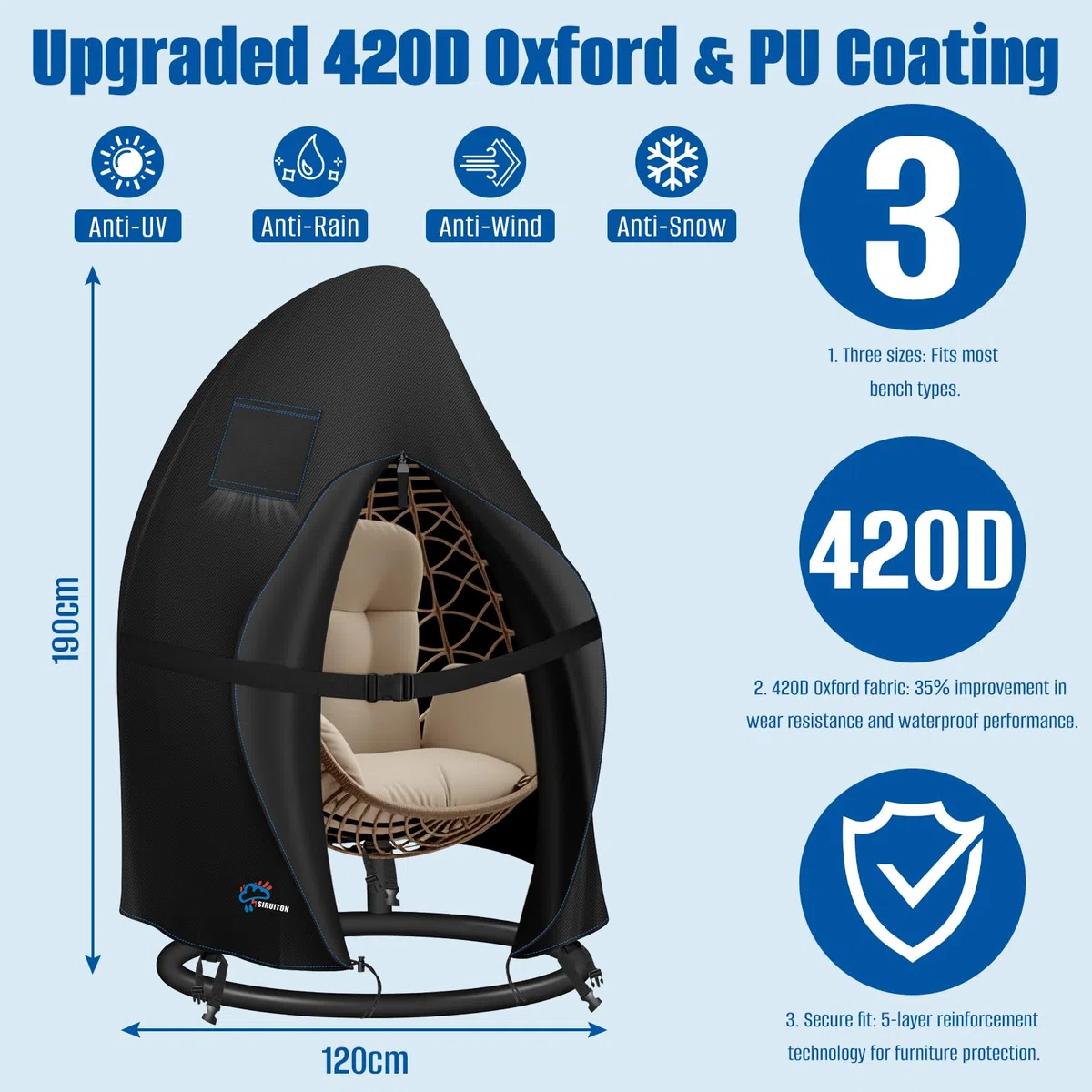 SIRUITON 120x190cm Copertura per Sedia a Dondolo,Fodera di Protezione per 2 Antipolvere per Sedia Sospesa,Oxford 420D Impermeabile