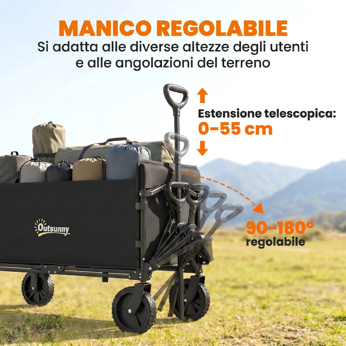 Outsunny Carrello da Giardino da 180L con 4 Ruote Girevoli, Carrello Spiaggia Pieghevole in Acciaio e Tessuto Oxford con Sacca Portaoggetti e Maniglia Girevole e Regolabile, 90x48x62 cm, Nero