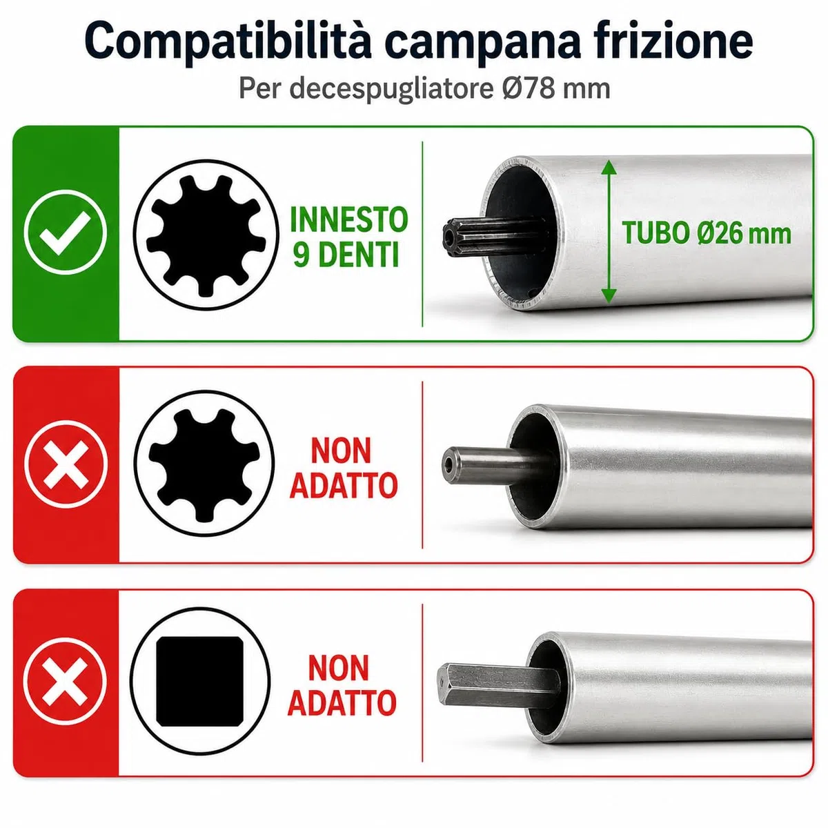 Campana Frizione per Decespugliatore Ø78mm | Tubo Ø26mm | Innesto 9 Denti | Ricambio Universale Compatibile con Vari Modelli | Colore Grigio o Rosso in Base alla Disponibilità