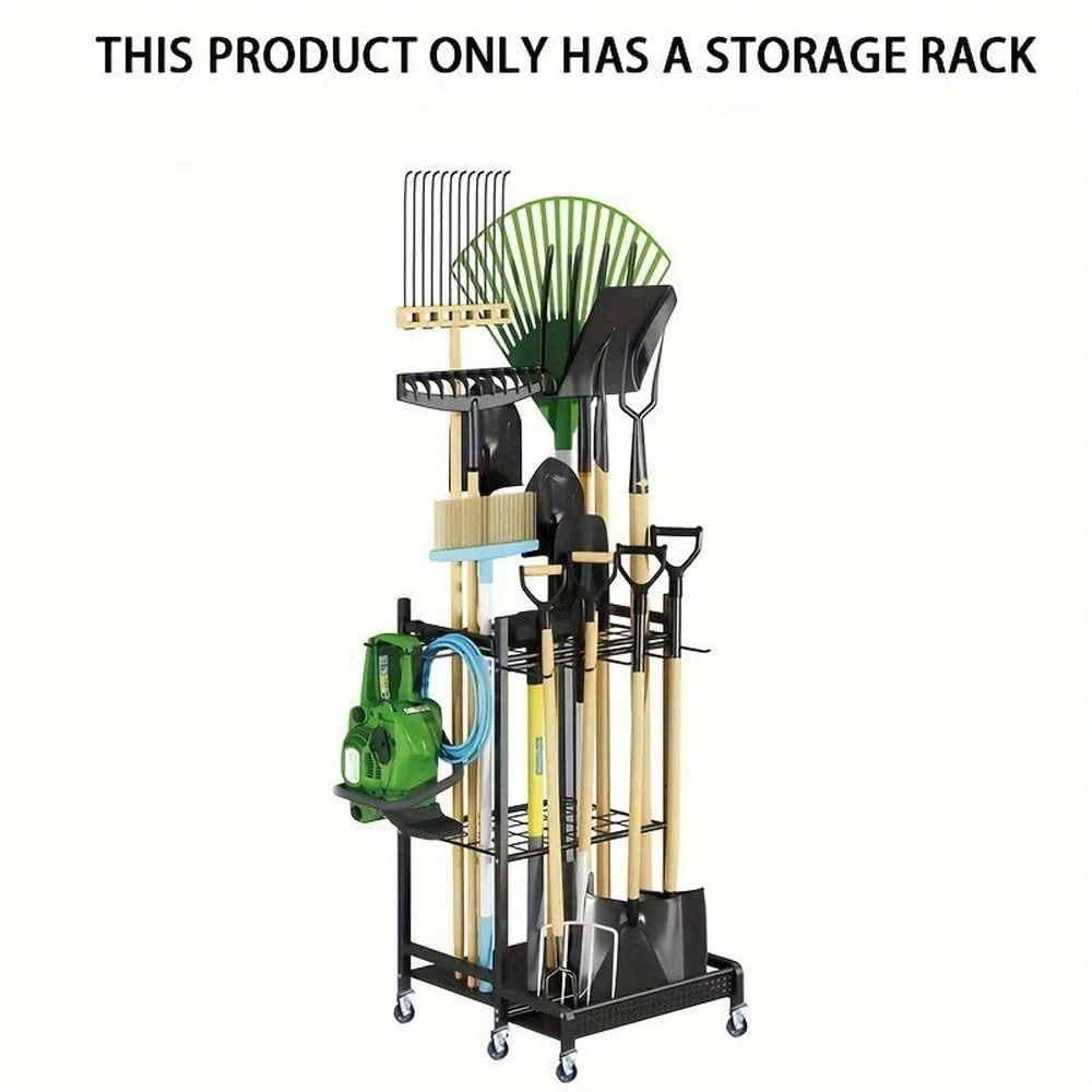 Scaffale per attrezzi resistente, organizer da garage con ruote per attrezzi da giardino, rastrelli, pale e attrezzature con manico lungo