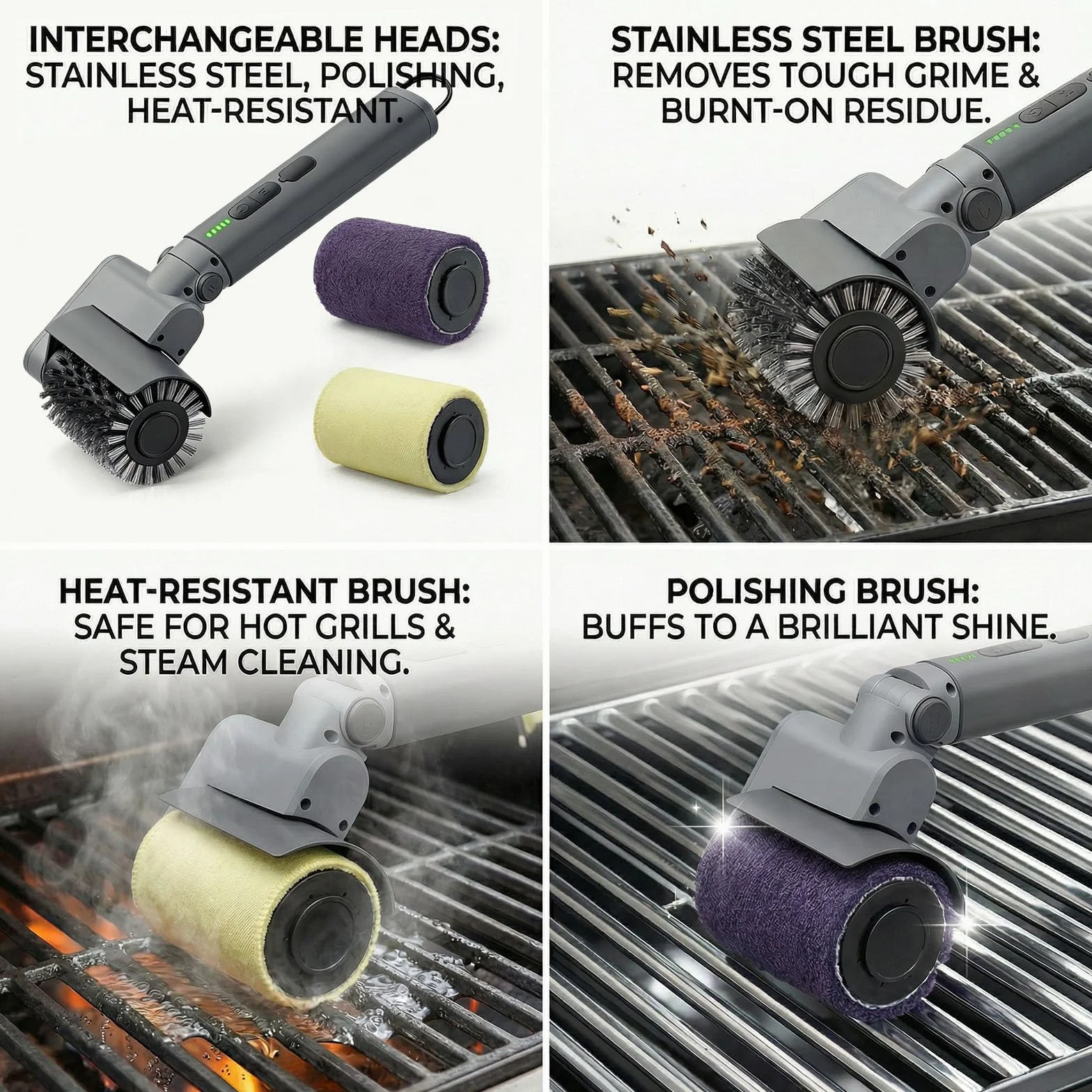 Spazzola elettrica per barbecue, set 3 in 1, senza fili, con setole in acciaio inox, ricaricabile, impermeabile, accessorio professionale per barbecue per una facile pulizia della ruggine