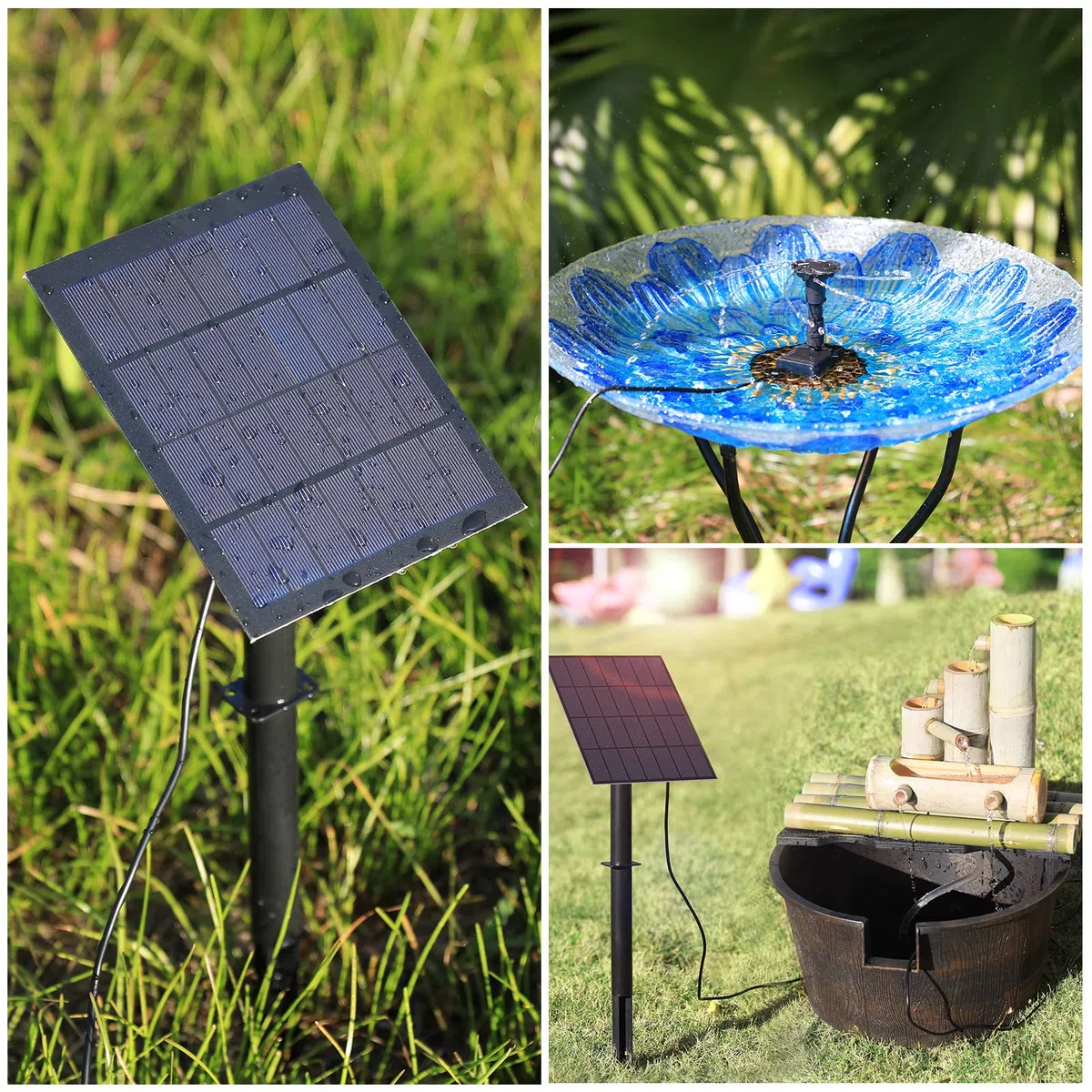 AISITIN Fontana Solare da Giardino Esterno 3,5W con Picchetti da terra - Pompa ad Energia Solare con Tubo Flessibile 1,5m e 8 Effetti Ugelli Fontana Solare per Laghetto/Stagni/Vasca Uccelli/Giardino