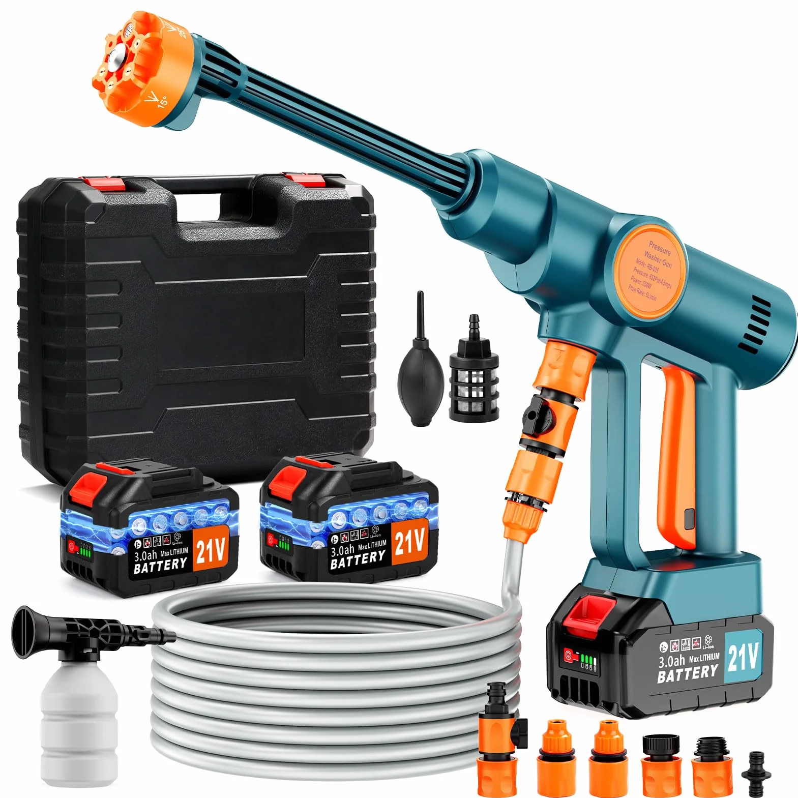 Idropulitrice Portatile a Batteria con Collegamento a Rubinetto Diretto,Idropulitrice Elettrica Portatile Senza Fili con 2×3.0Ah Batteria, Ugello 6 in 1,per Auto, Giardino,Terrazza,Prato e Irrigazione