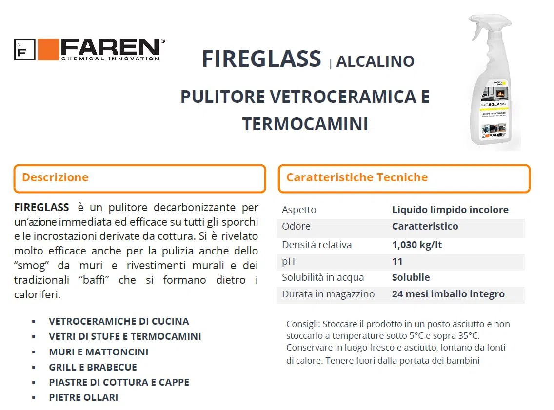 Faren FIREGLASS, Detergente Pulisci Vetro Camino e Stufa, Efficace su Vetroceramica e Barbecue, Ideale per Termocamini e Piani a Induzione, Made in Italy, 750 ml (12pz)