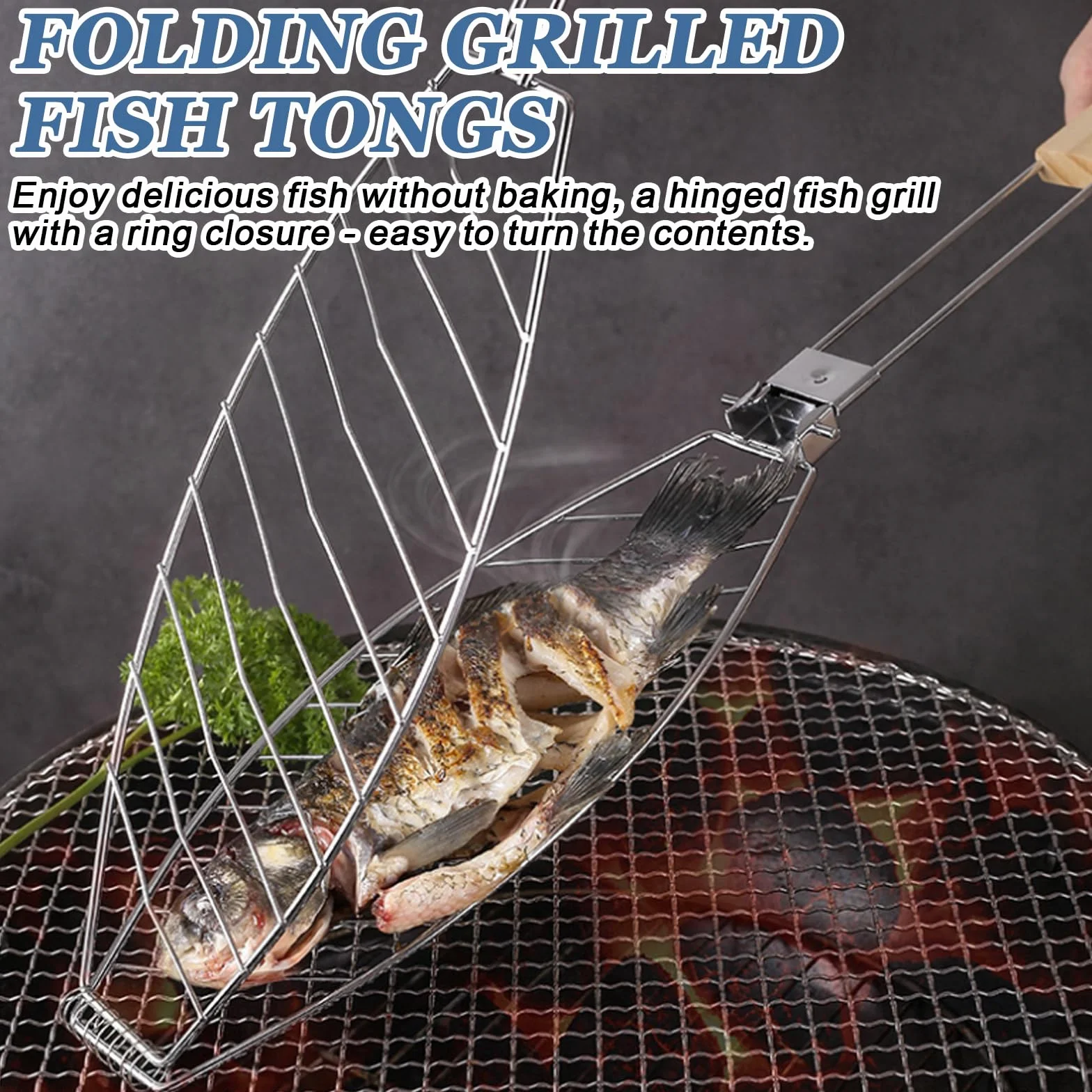 3 x arrosti per pesce, in acciaio inox, con manico in legno, 62 x 12 cm, per grigliare, barbecue, pieghevole, pinza portatile, colore: argento