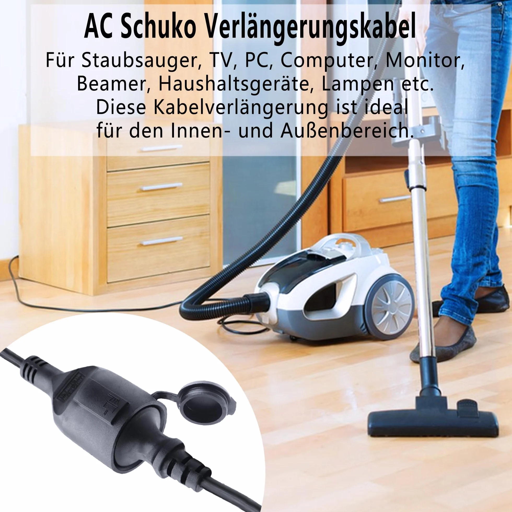 Cavo di prolunga corto Schuko 2 a 1, cavo di prolunga per esterni con spina Schuko, 3 x 1,5 mm², 16 A, 250 V, IP44 per casa, Y (nero diretto, 0,5)