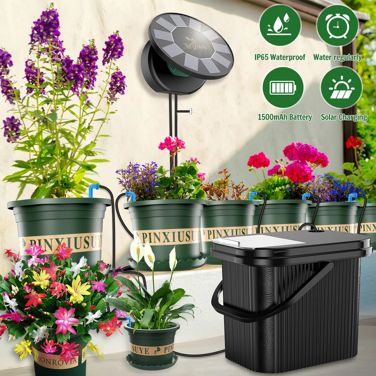 Sistema di Irrigazione Solare con Serbatoio Integrato per Piante | Kit con Timer Programmabile, Serbatoio Esterno e 5 Fioriere Grandi + 5 Piccole Incluse per Balcone e Piante in Vaso, Balcone