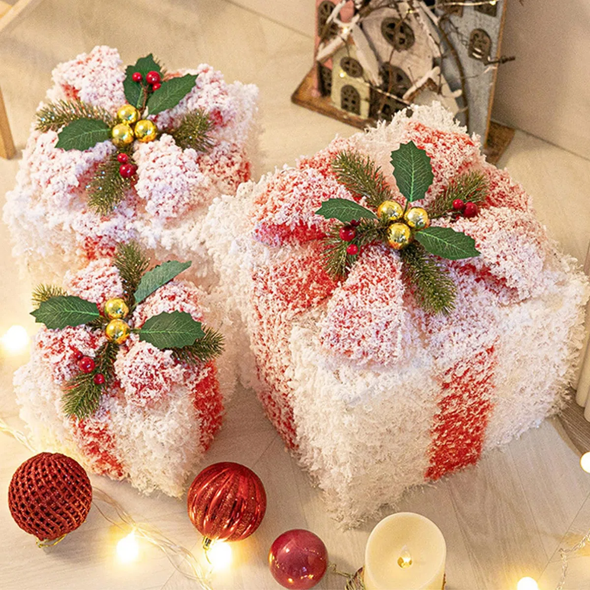 Set di 3 scatole decorative, decorazioni per albero di Natale, scatole regalo con fiocchi, per vacanze al chiuso e all'aperto