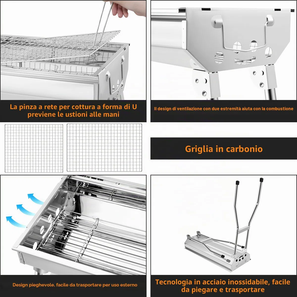 Barbecue a carbonella XXL (73 * 28 * 76 cm), Barbecue portatile a carbone, Griglia pieghevole in acciaio inox, Barbecue a carbone per esterni, Barbecue da tavolo a carbonella, Carrello barbecue