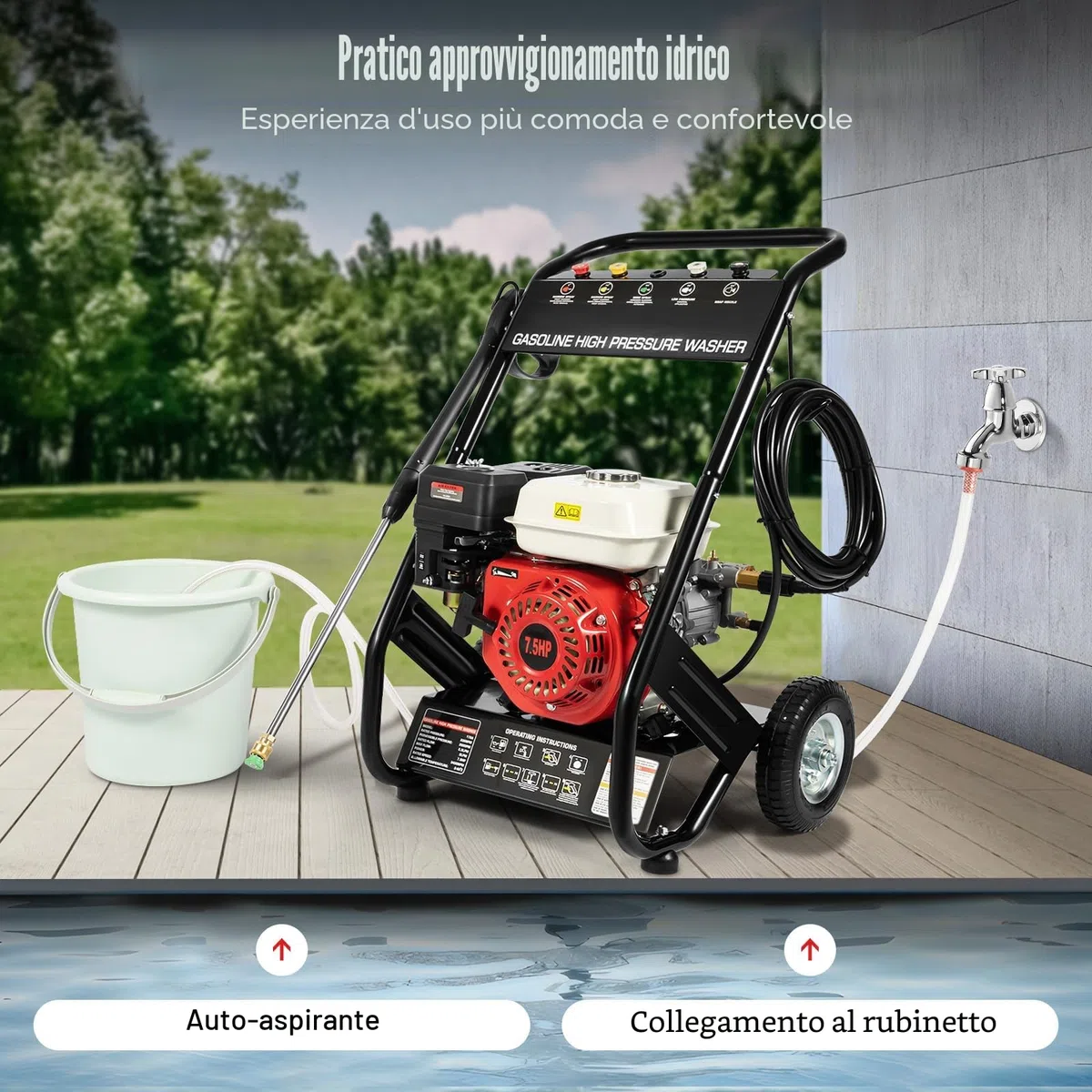 Idropulitrice Professionale a Benzina 190bar 7,5 CV Pressione di Lavoro Motore a Benzina Vapore 8m Tubo ad Alta Pressione 5 Ugelli Idropulitrice per Auto/Recinzioni/Giardini/Patii