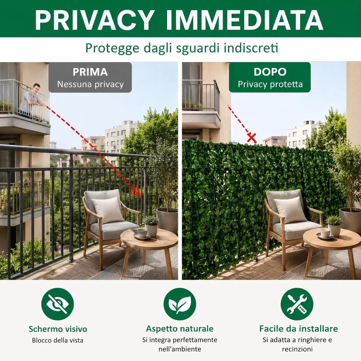 Siepe Artificiale 1x3 m, Siepe Finta Frangivista per Balcone e Giardino, Rete Privacy con Foglie di Edera Artificiali, Copri Ringhiera Decorativo per Recinzione Esterno, Verde