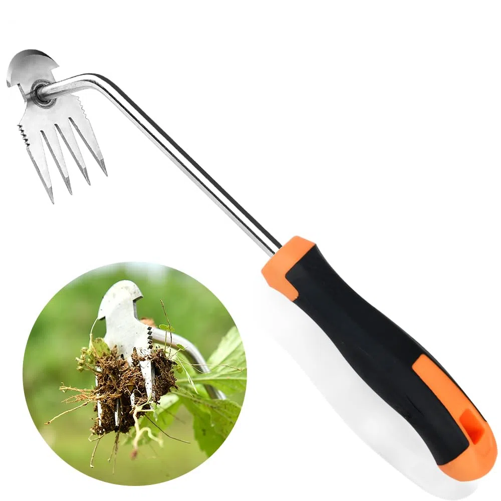 Strumento per rimuovere le erbacce, strumento per diserbare le erbacce da giardino, in acciaio inox, 4 denti, doppio uso, strumento per la rimozione delle erbacce per giardinaggio (manico in