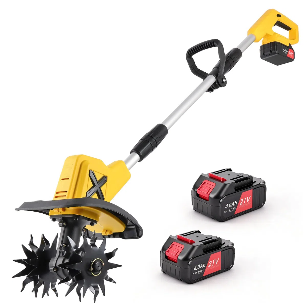 Motozappa a Batteria 21V: Zappatrice Elettrica Cordless 360 RPM con 2 Batterie 4.0Ah e Caricabatterie, Larghezza 23cm e Profondità 17cm, Fresa per Orto, Giardino e Terreni Induriti