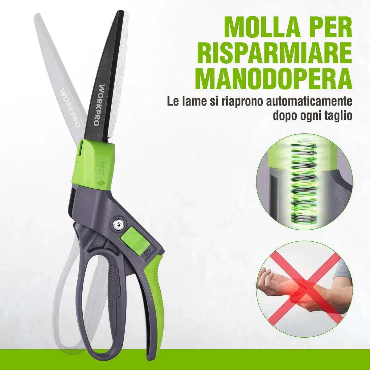 WORKPRO Forbici da Erba Rotanti 360°, Cesoie da Giardino 350mm con Lama Rivestita Antiruggine, Impugnatura Ergonomica, Blocco di Sicurezza per Prato, Piante e Bonsai