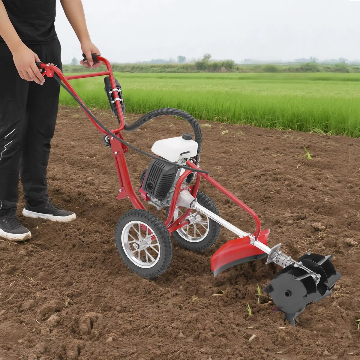 Motozappa a benzina 63 cc, 4 tempi, 4 CV, motozappa da giardino, coltivatore, fresa per terreno, con ruote, motozappa per la lavorazione del suolo, profondità di coltivazione di 10 cm, avviamento a