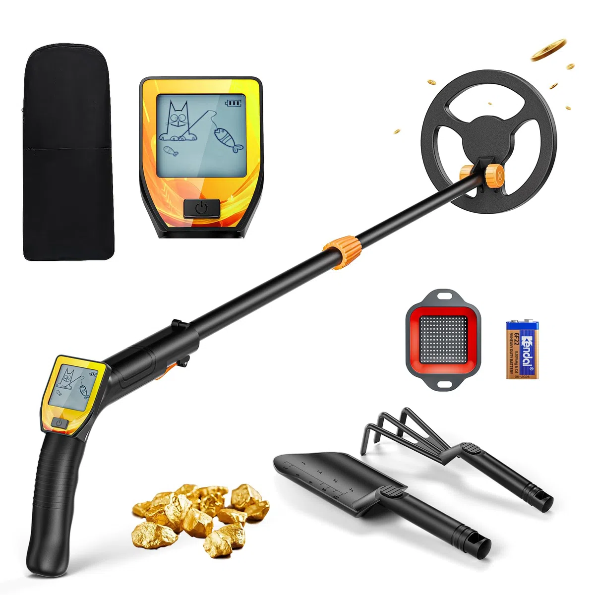 Metal Detector Bambini, Metal Detector per Bambino Leggero con Asta Regolabile 66-83 cm, Display LCD e Bobina di Ricerca Impermeabile, Pala, Rastrello, Setaccio e Borsa, Arancione