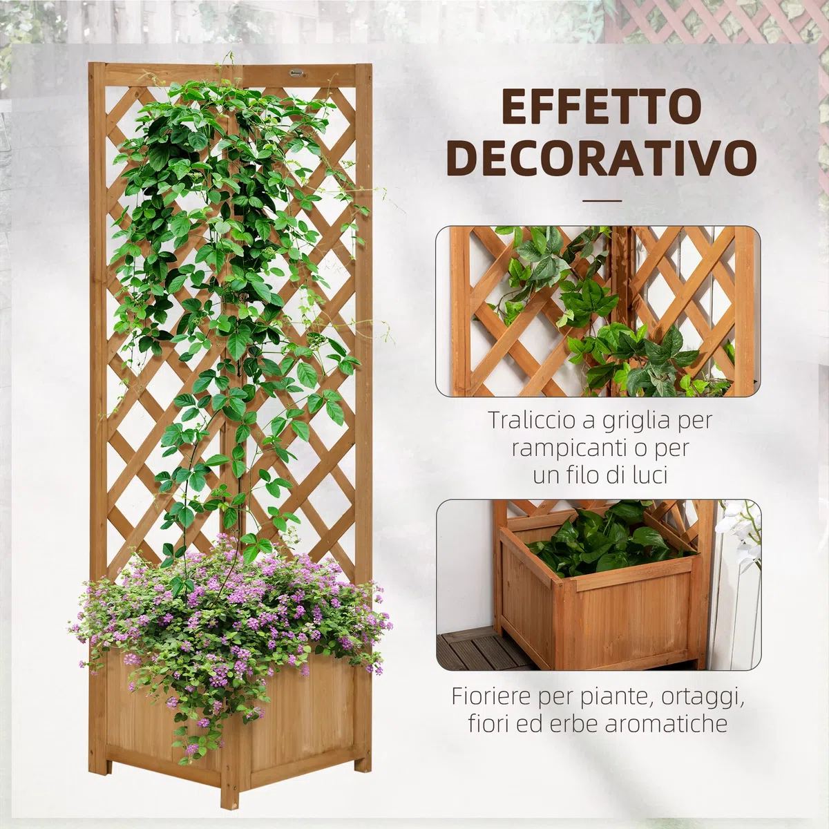 Outsunny Fioriera da Giardino a Fondo Cavo in Legno di Abete Marrone con Grigliato per Rampicanti e Decorazioni, 40x40x145 cm