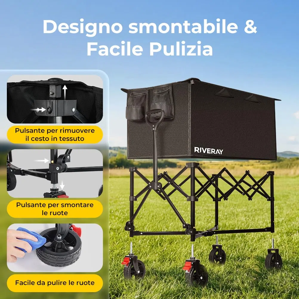 Carrello Pieghevole 300L, 230kg, Ruote Frenate | Maniglia a Rimbalzo, 2 Portabevande, per Spiaggia, Campeggio e Giardino