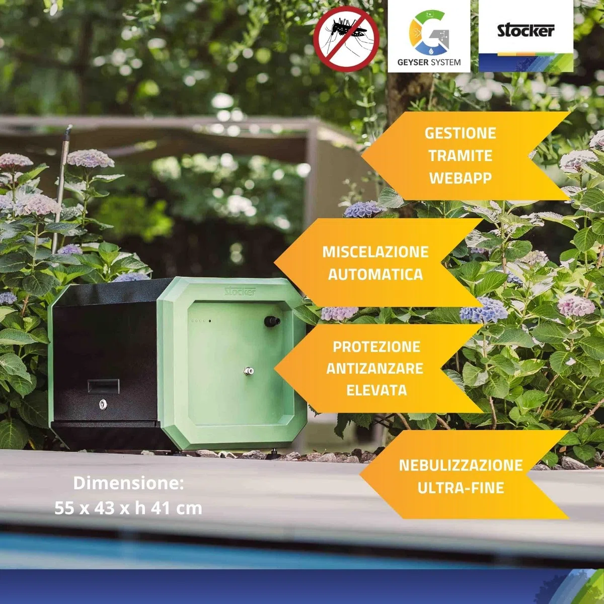 STOCKER - Kit Geyser Pro Completo 41502 - Sistema Antizanzare Automatico WiFi 240W 12 Bar, Copertura fino a 970 m² Estendibile a 3600 m², 125 m Tubo, 10 L Liquidi, Alimentazione 220V