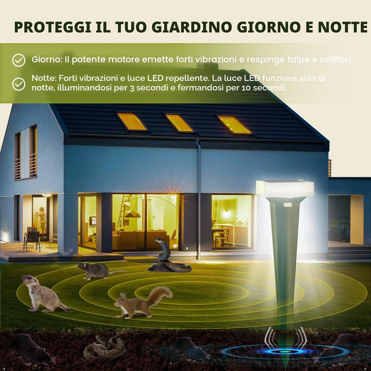 Dissuasori per Talpe, 3 Modalità di Vibrazione Scaccia Talpe con Luce LED, Solare e Impermeabile Dissuasori per Scoiattolo, Ratti e Serpenti, per Prati, Cortili e Giardini (4, Verde)