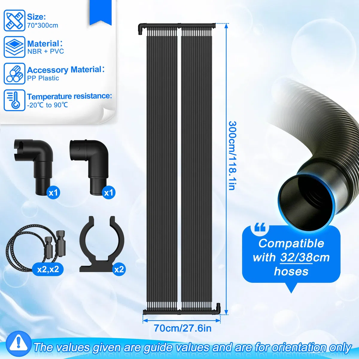 UISEBRT Riscaldatore solare per piscina 300x70 cm, riscaldamento solare per piscina, acqua calda, plastica resistente ai raggi UV, stuoia solare per riscaldamento di piscine e vasche da bagno