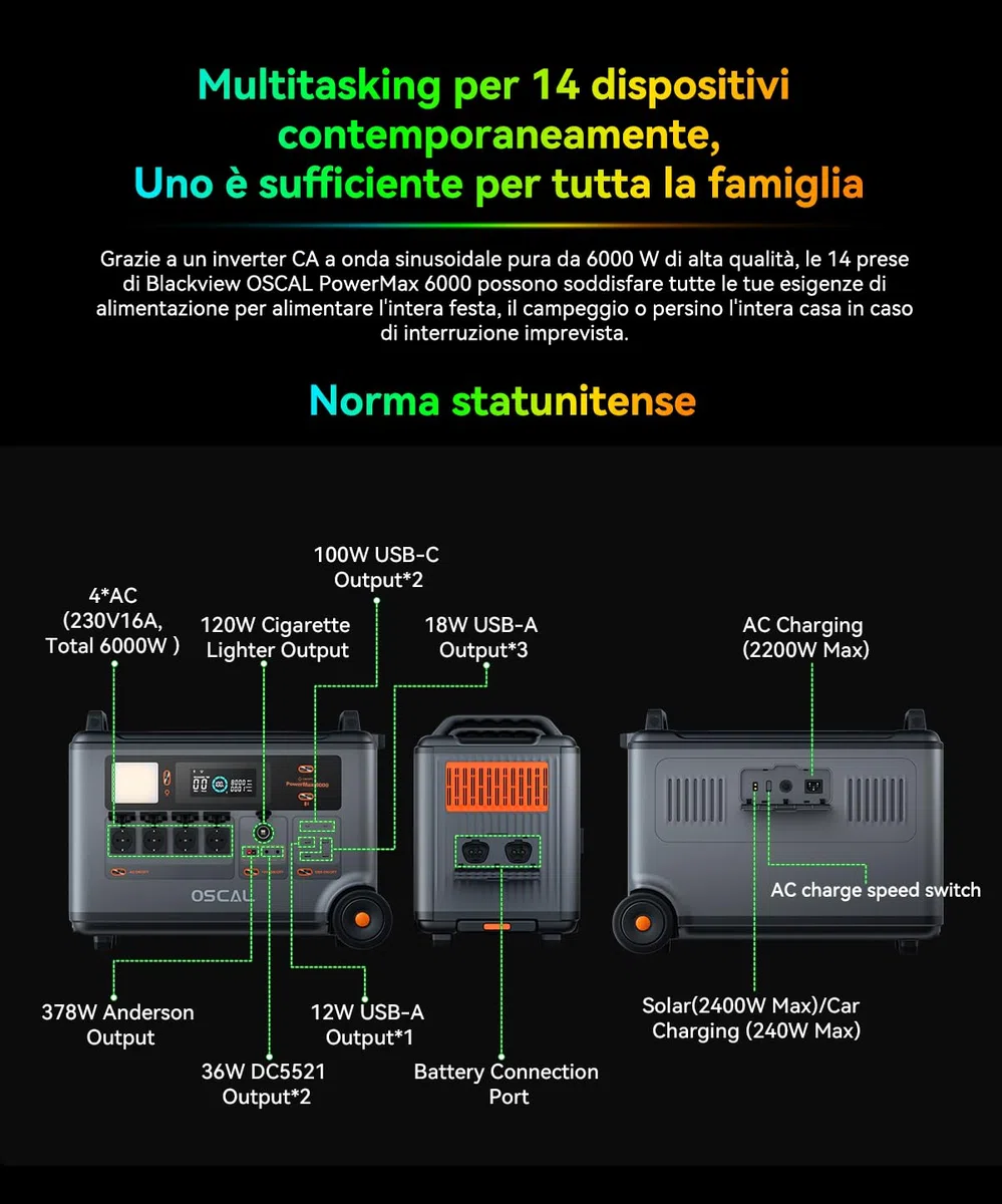 OSCAL PowerMax 6000 Centrale Elettrica Portatile con Batteria LFP da 3600Wh, 6000W AC Uscita (9000W Picco), 0-80% in 55 Minuti, UPS <5ms per Campeggio e Camper/Solare Power Station per Domestico