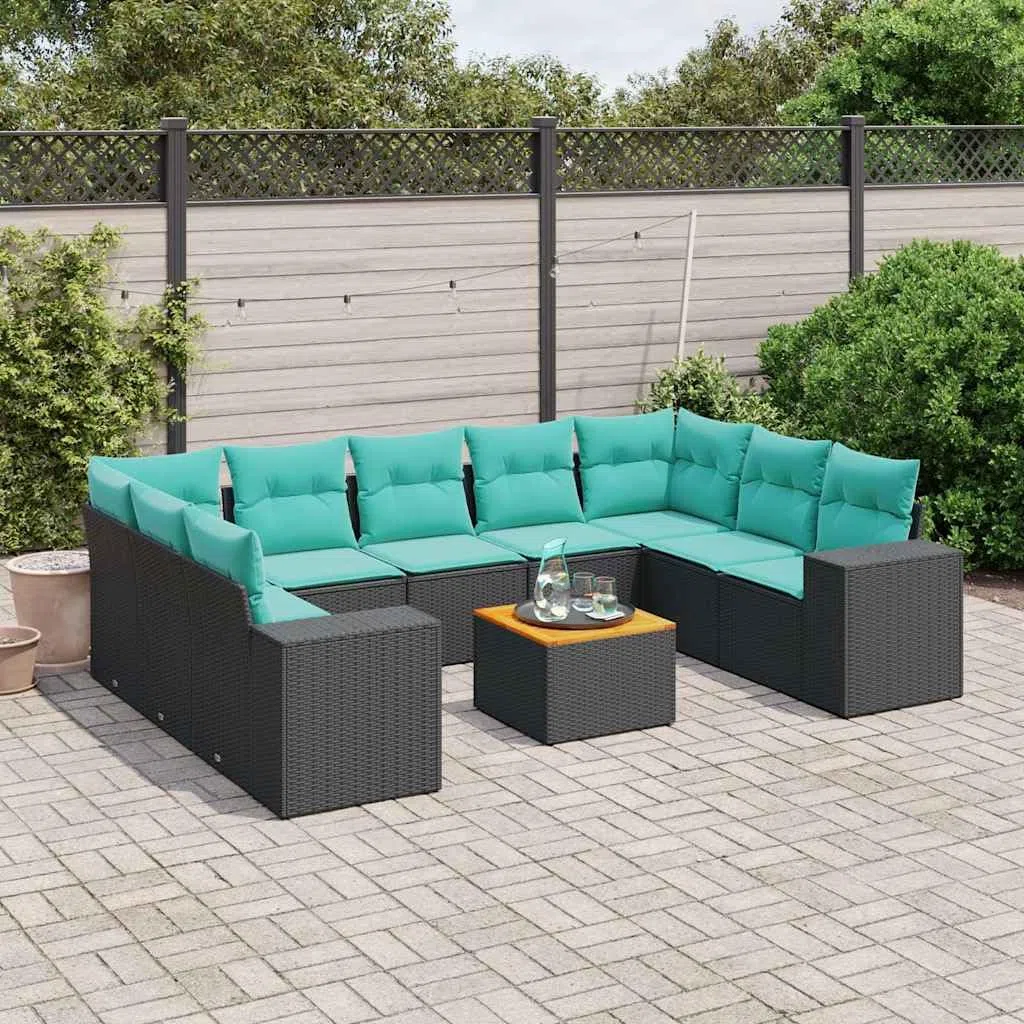 Set Divani da Giardino 10 pz in Polyrattan Nero con Cuscini Blu | Salotto componibile per terrazzo e patio con tavolo in legno di acacia e morbide sedute modulari per relax all aperto.