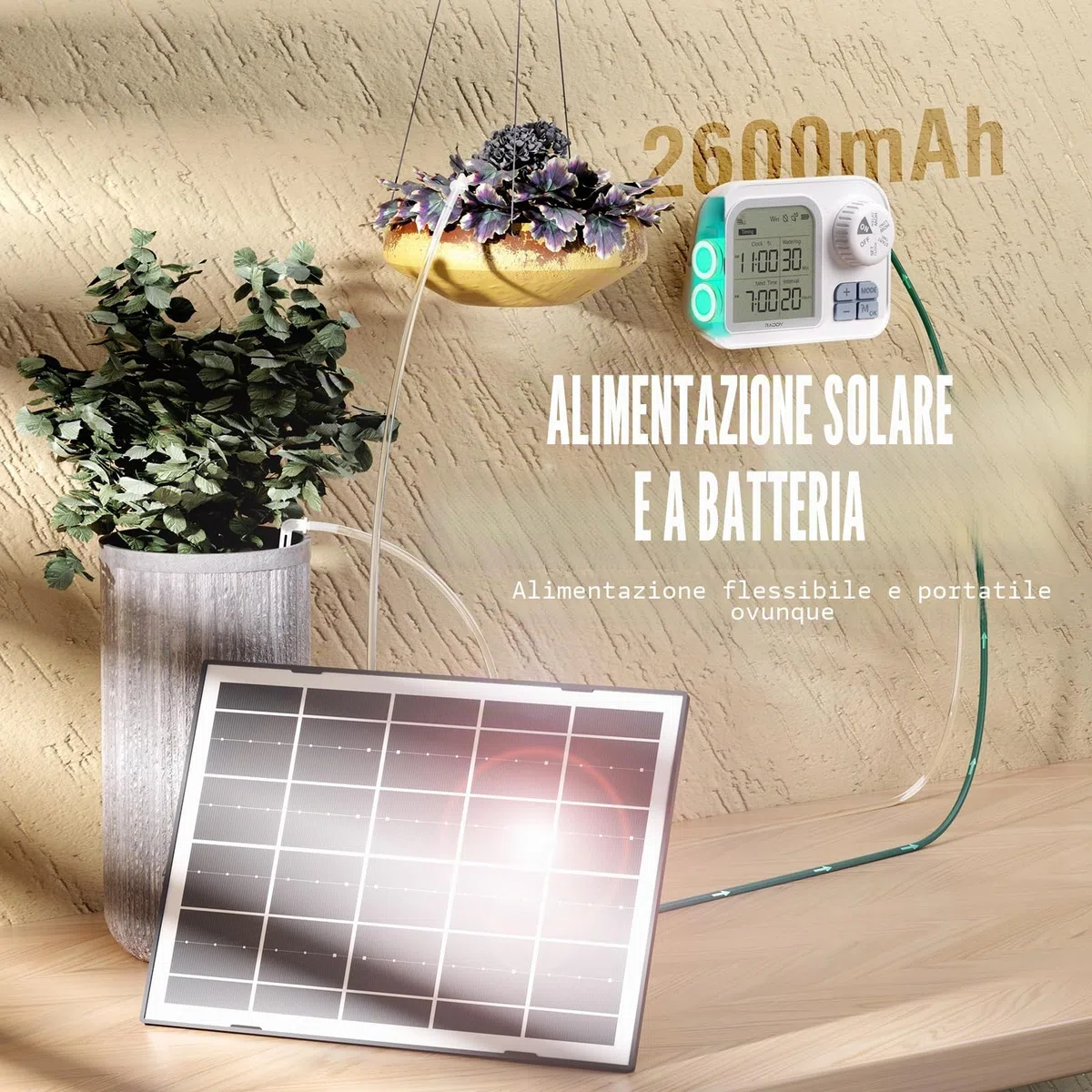 Raddy Sistema di irrigazione solare WS-74 con controllo Smart App, IPX7, impermeabile, sensore di umidità del suolo regolabile, batteria da 2600 mAh, set di irrigazione a goccia automatico per 15
