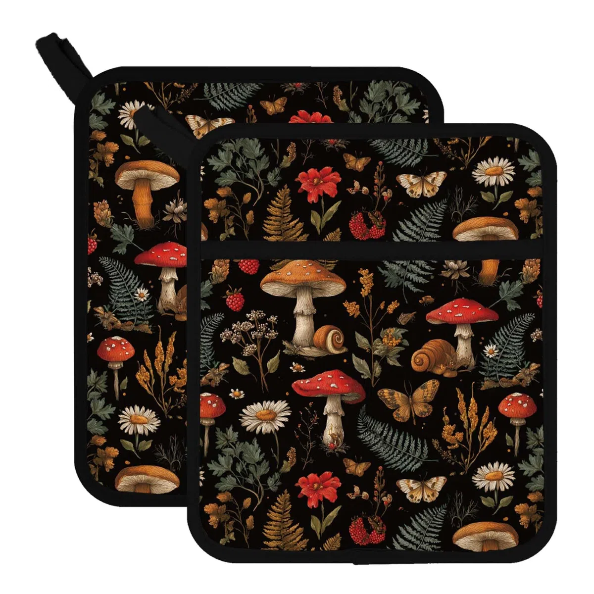 FREEBLOSS 2 presine con motivo a funghi per la cucina, in cotone, resistenti al calore, per cucinare e cuocere 7,8 x 9,5 cm