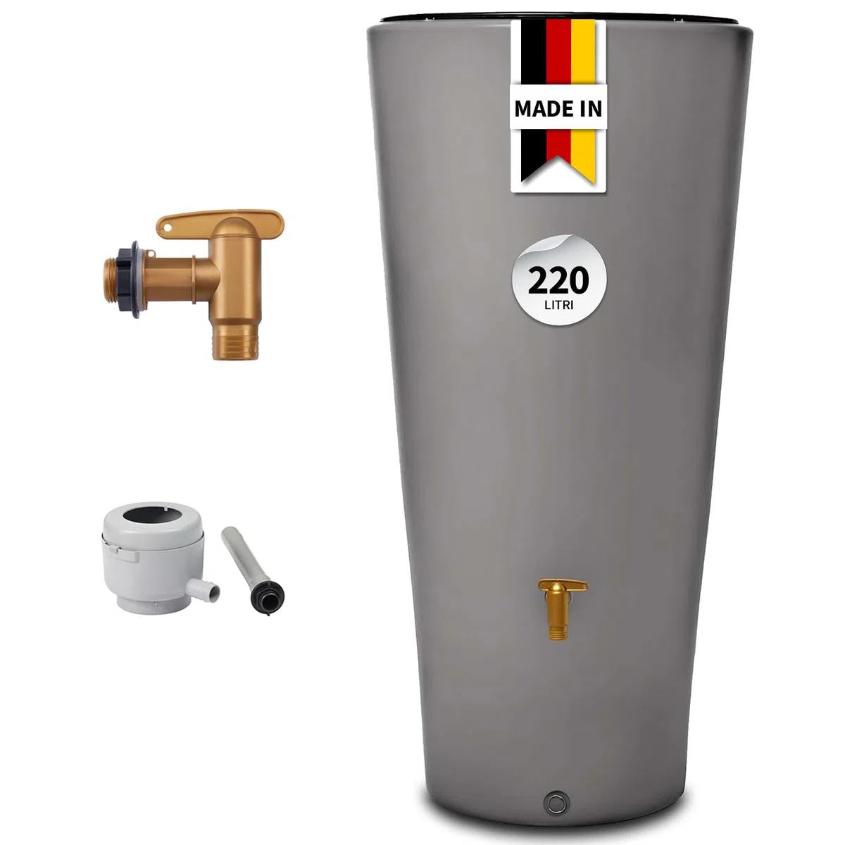 4rain VASO 2in1 serbatoio per pioggia 220 litri grigio zinco incl. rubinetto in plastica e raccordo pluviale - contenitore acqua piovana decorativo - raccolta da grondaia pratica - con filtro incluso