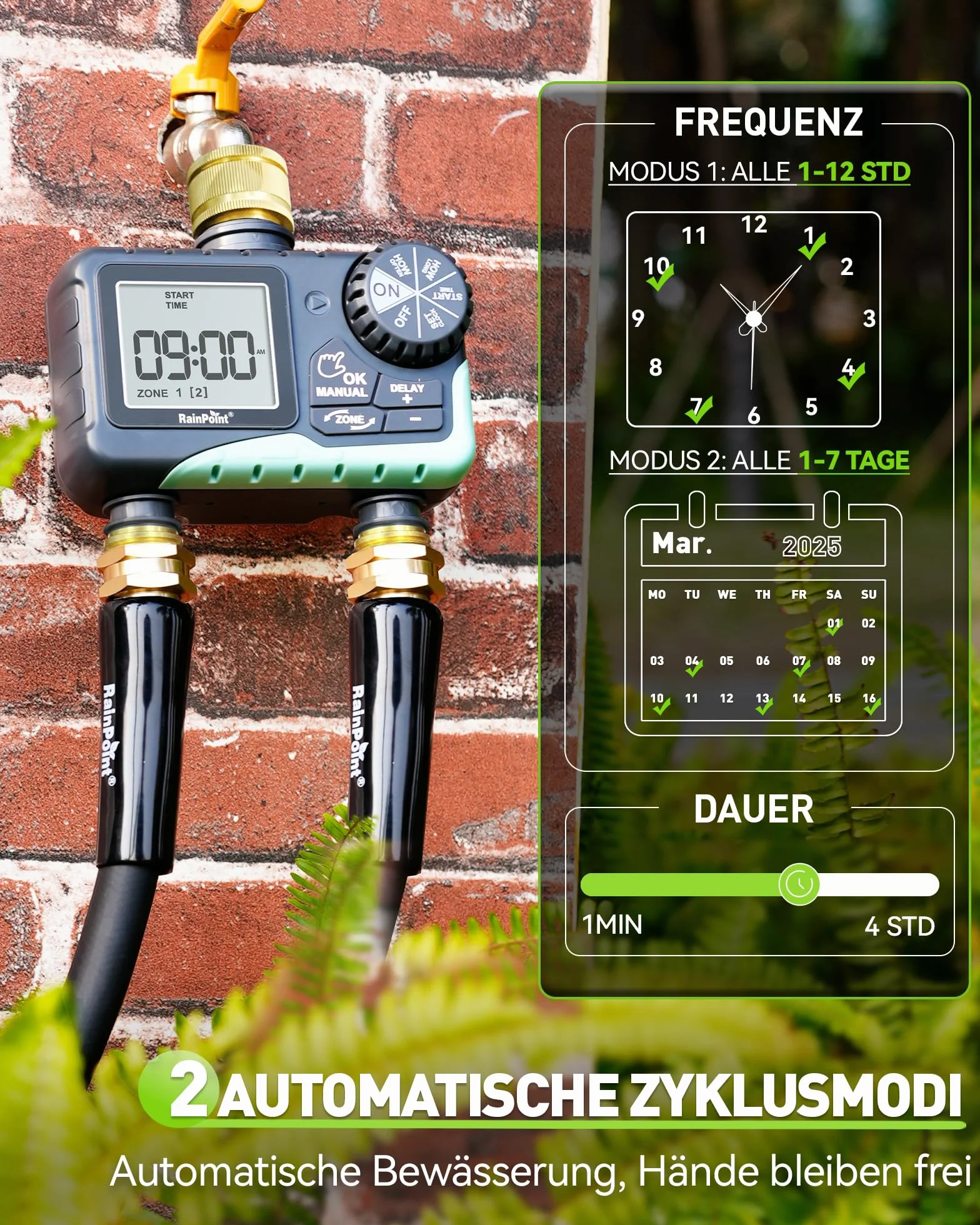 RAINPOINT Centralina Irrigazione 2 Vie, Ingresso e Uscita in Ottone, Timer Irrigazione Automatica Impermeabile IP65 con Ritardo per Pioggia/Bewässerung Manuale, per Prato e Giardino