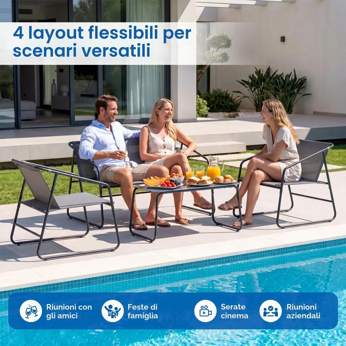 Clevich Set Salotto da Giardino 4 Pezzi in Textilene, Mobili da Esterno con Piedini Regolabili, Resistente agli Agenti Atmosferici, Adatto per Terrazzo, Giardino e Spazi Esterni, Grigio