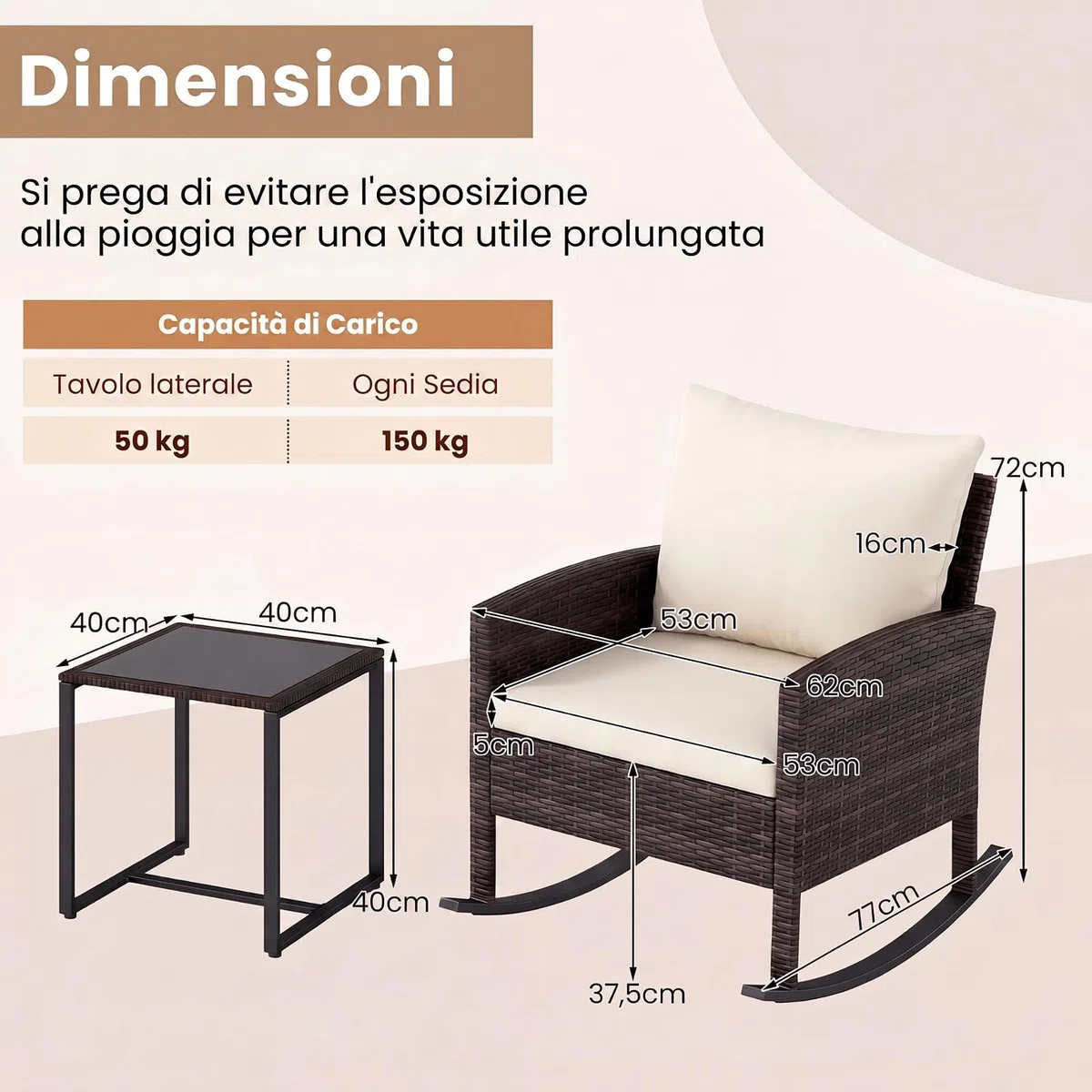SOARS Salotto da Esterno 3 Pezzi in Rattan, Set Mobili da Giardino con 2 Poltrone a Dondolo, Tavolino da Caffè in Vetro Temperato e Comodi Cuscini con Fodera Lavabile, per Balcone, Cortile (Beige)