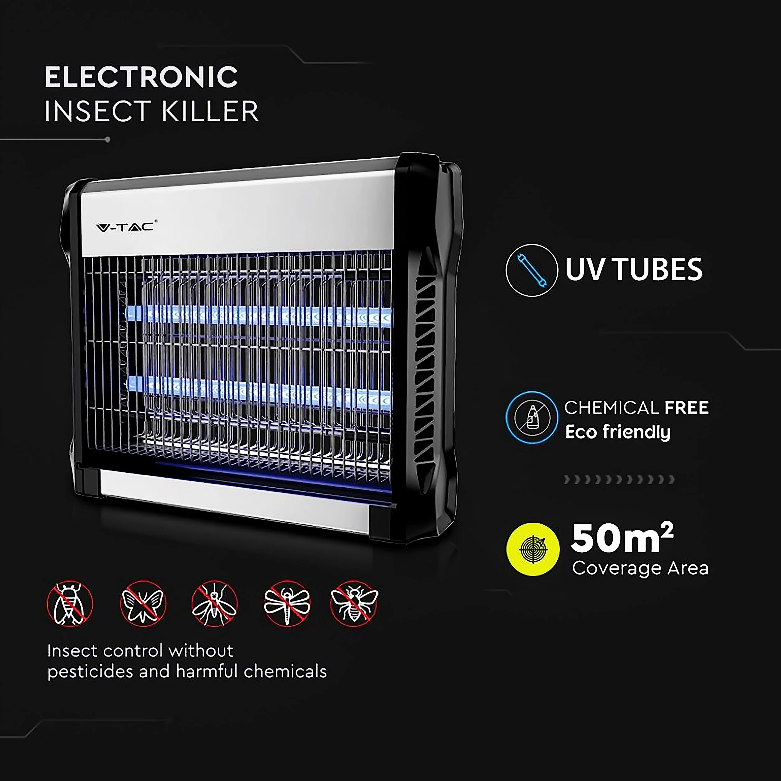 V-TAC Zanzariera Elettrica 16W con Area di Azione 50 m² - Design Sottile - Zanzariera con Luce Blu UV per Uso Interno ed Esterno - Trappola Elettrica contro Zanzare e Insetti - Potenza 16W