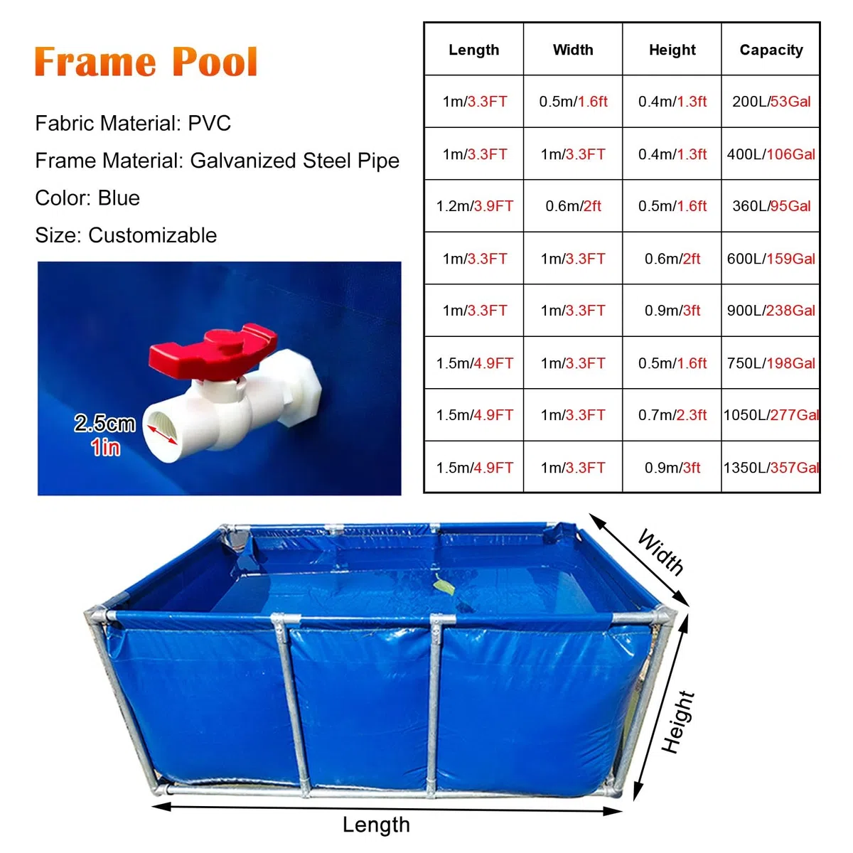 Laghetto per Carpe Koi in PVC di Alta qualità da 1050 Litri - Piscina Fuori Terra Pieghevole con Supporto in Acciaio, Adatta per acquacoltura e Nuoto Domestico, Serbatoio dell'Acqua 1,5x1x0,