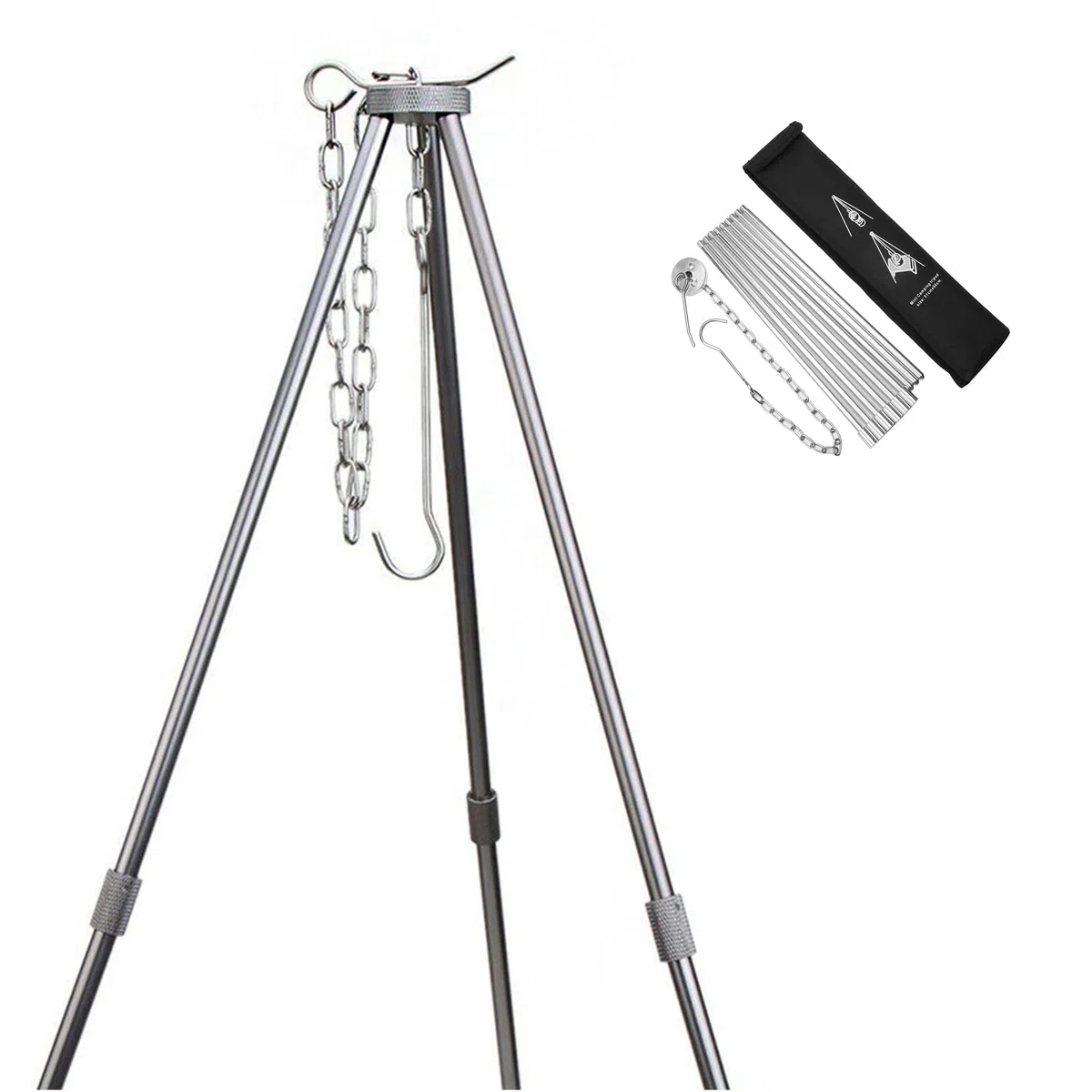 Treppiede per barbecue, telaio telescopico a tre zampe, per cucinare all'aperto, set di treppiedi pieghevole per falò, griglia per campeggio, barbecue sospeso, campeggio con catena e gancio