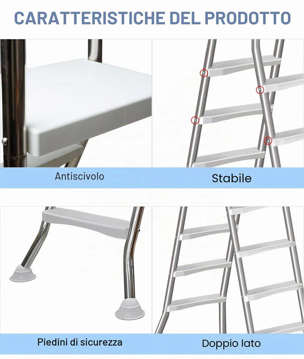 Scala per piscina rialzata 250 kg, scala in acciaio inox a 4 gradini per piscina rialzata da 135 cm, scala per piscina a doppio lato con gradini rimovibili