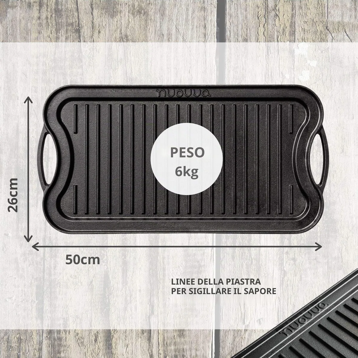 Piastra in ghisa per piano cottura a gas e grigliate su due lati, pre-stagionata, per una cucina sana e deliziosa, superficie piatta e scanalata, 50 x 25 cm