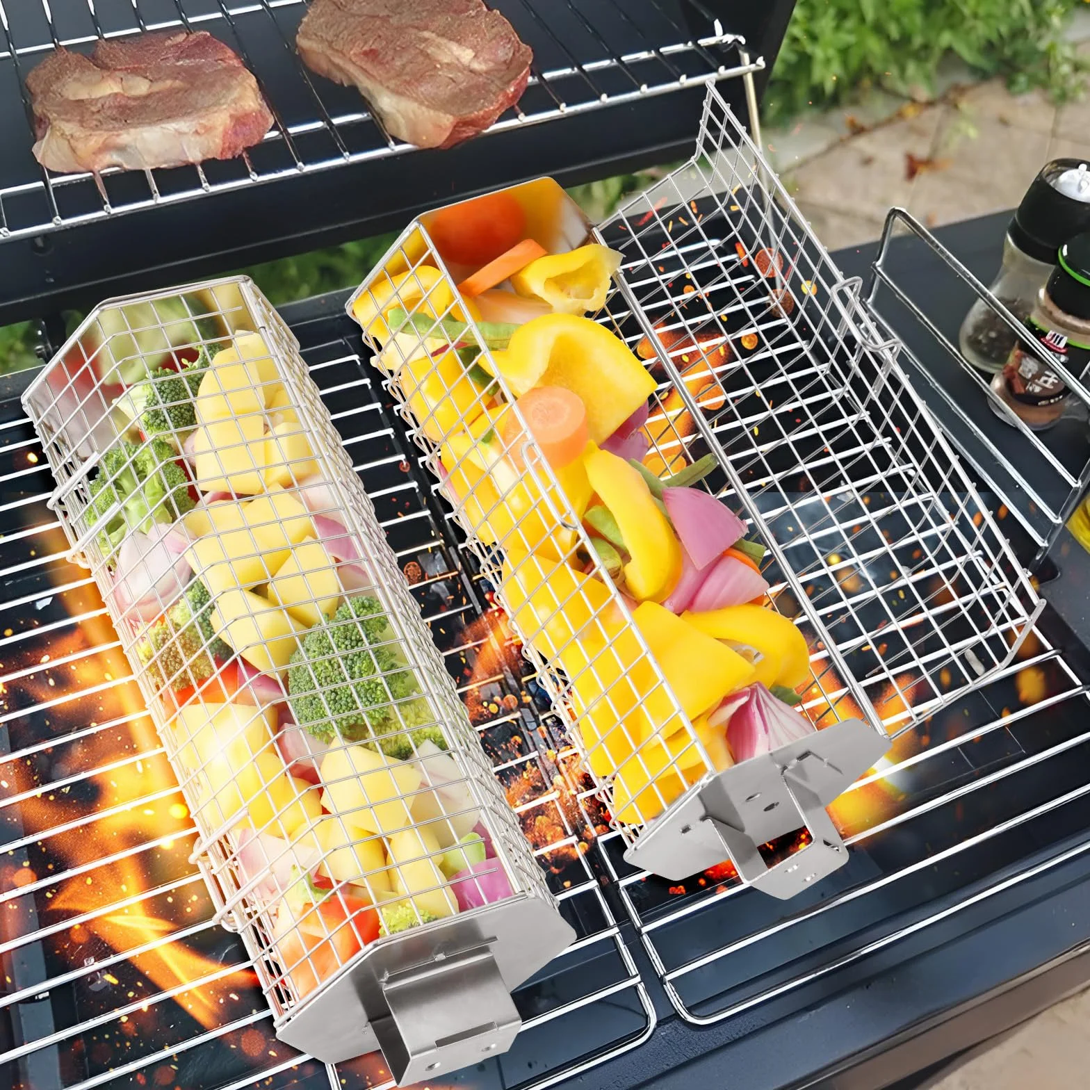 Cestello per Barbecue, Cestello con Manico Rimovibile, Nidificabile,Acciaio Inossidabile 304, Accessori per BBQ per Verdure e Gamberetti, Campeggio all'aperto, Regali per Barbecue per Uomo (2 pezzi)