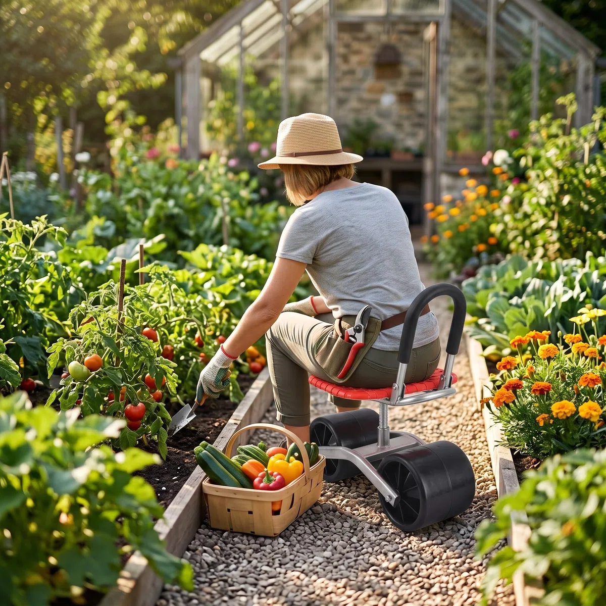 Ejoyous Sgabello da giardino con ruote, sedia a rotelle per giardinaggio, altezza regolabile 22-35 cm, sedia da giardino mobile, risparmio di manodopera, aumento dell'efficienza