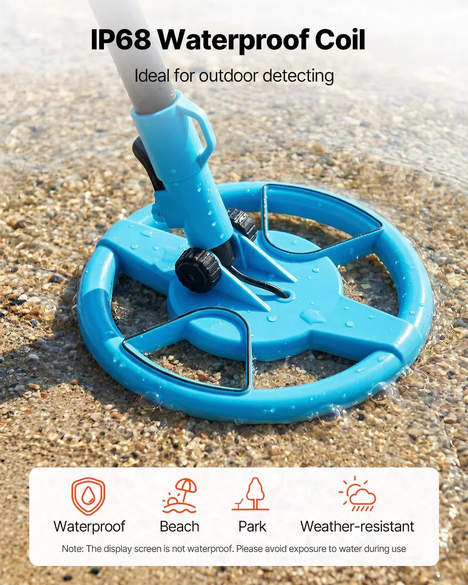 VEVOR Metal Detector per Metalli con Display LCD, Bobina di Ricerca Impermeabile IP68 Profondità di Rilevamento 101,6 mm Frequenza Operativa 3 kHz, Kit Rilevatore d'Oro Metalli da Spiaggia