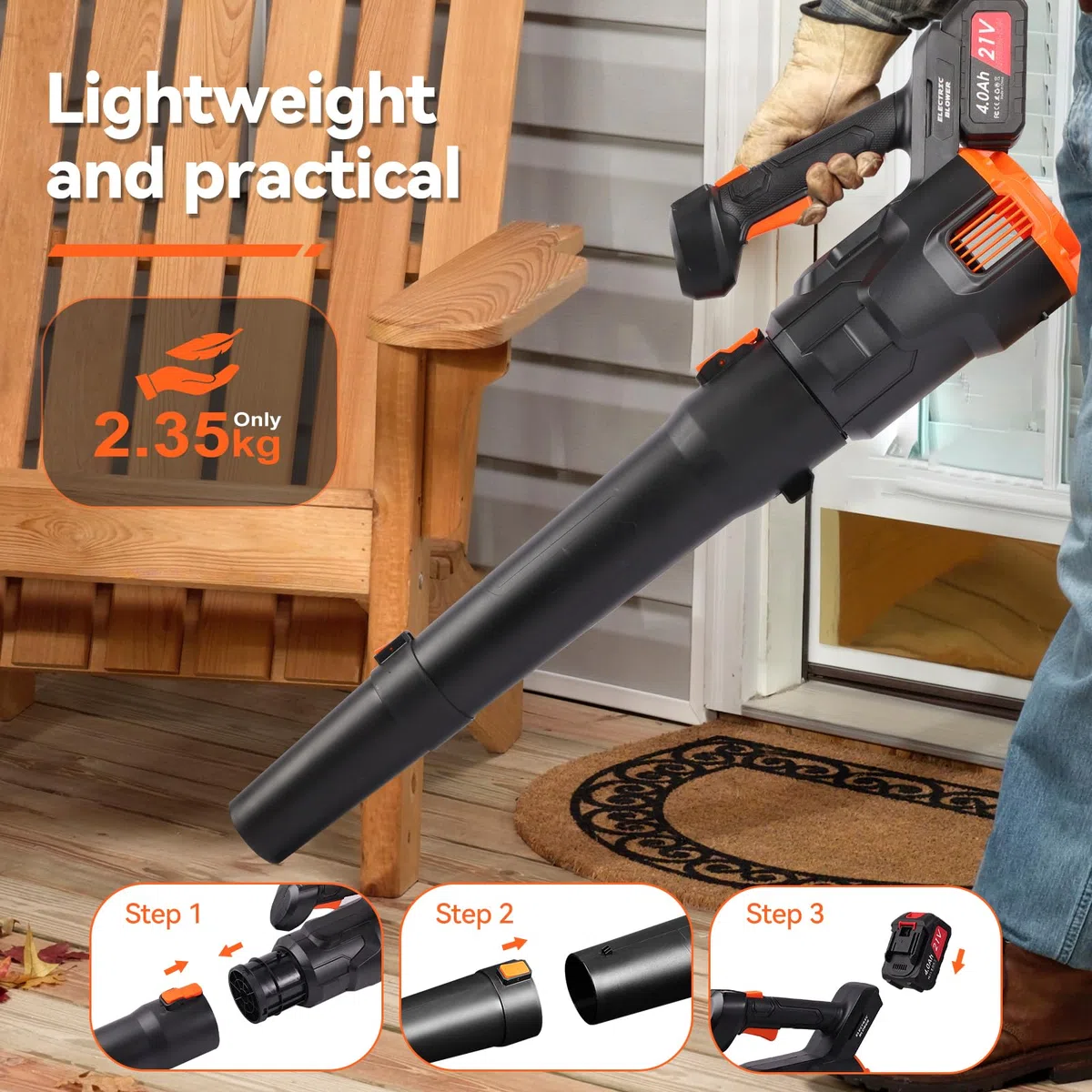 Soffiatore a Batteria 21V,Soffiatore per Foglie con 2 Batterie 4000mAh, 3 Velocità Regolabili,119MPH,494CFM, con Tubo Dritto e Curvo per Giardino, Patio e Casa
