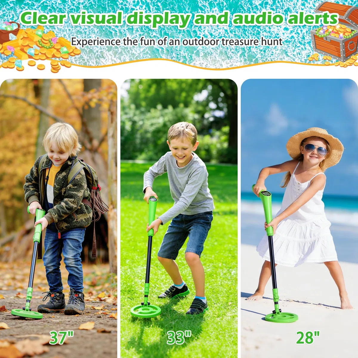 Metal Detector per bambini, rilevatore di metalli ad alta precisione con display LCD, rivelatore metallico leggero per bambini con manico regolabile, bobina di ricerca impermeabile da 6 pollici, verde