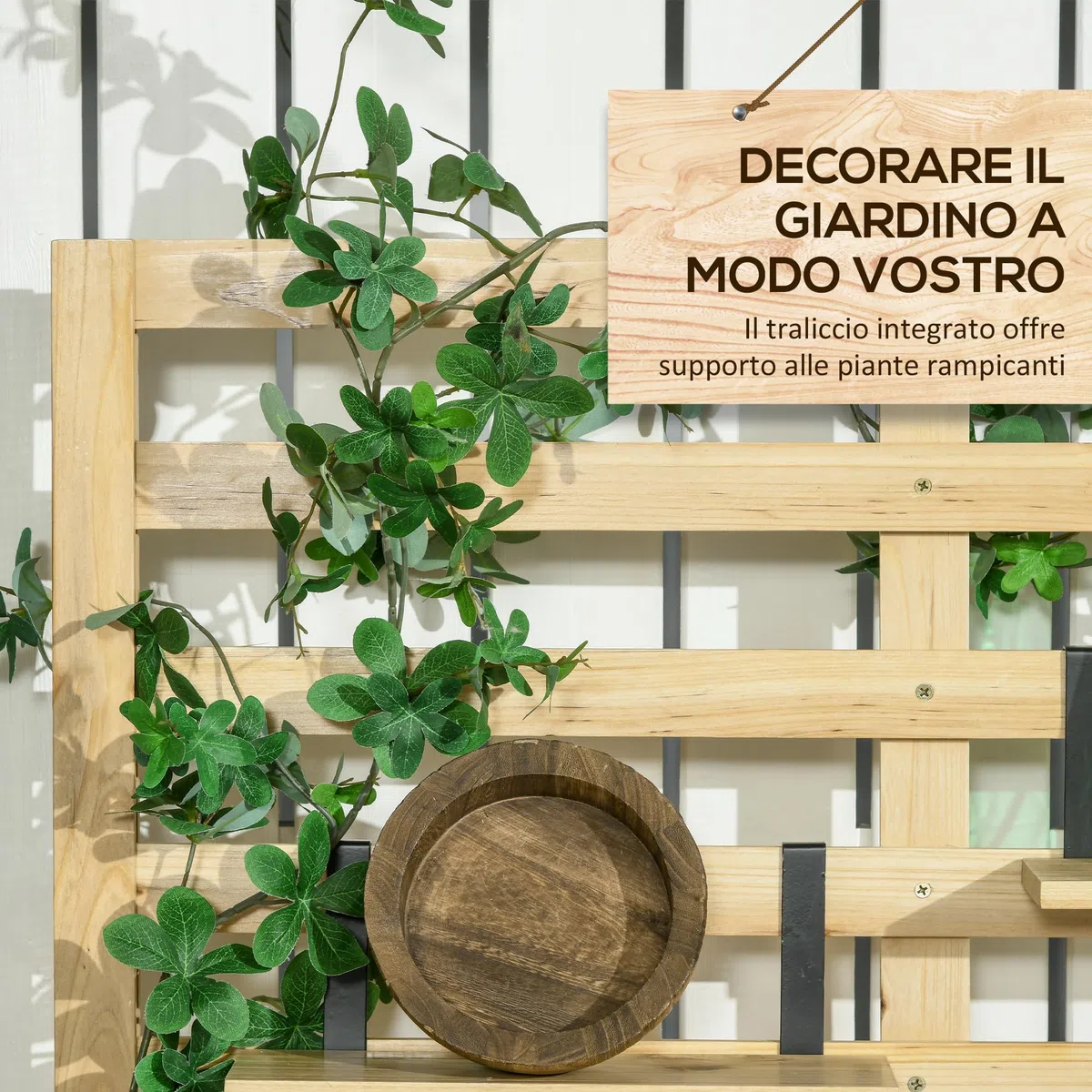 Outsunny Cassapanca da Giardino in Legno di Abete con Traliccio Integrato e 4 Ripiani, Cassapanca Contenitore da Esterno Impermeabile con Chiusura Magnetica, 80x45x160 cm, Colore Legno