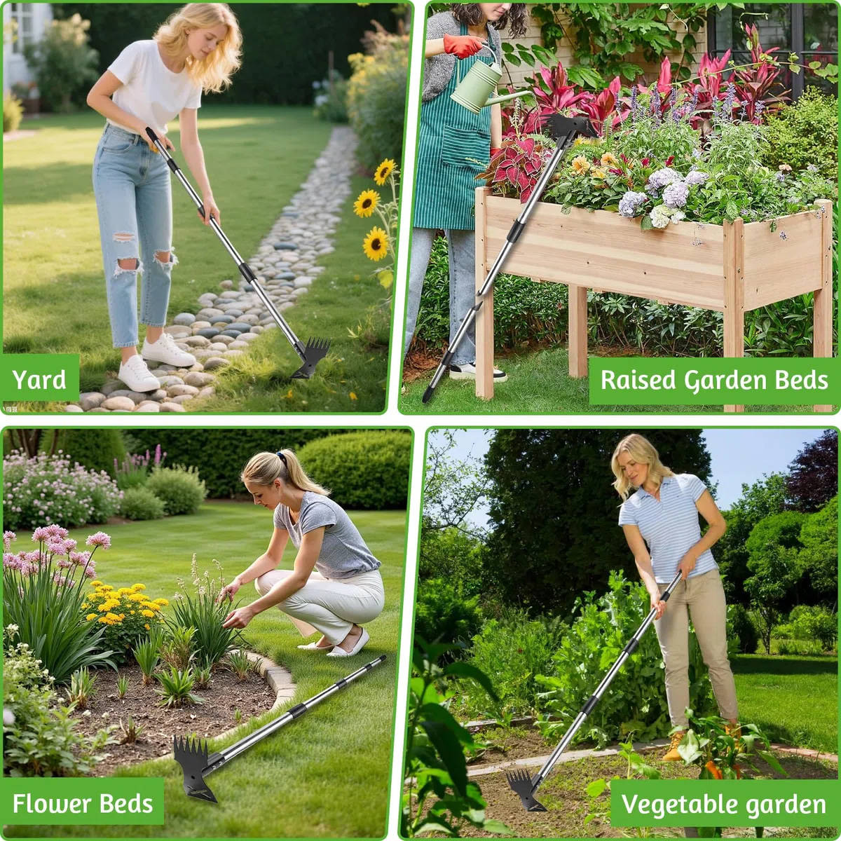 Attrezzo per Estirpare le Erbacce, Rastrello Manuale 2 in 1 e Zappa da Giardino Rastrello Sarchiatore Estirpatore Erbacce Manuale con Manico Lungo per Giardino Prato Patio