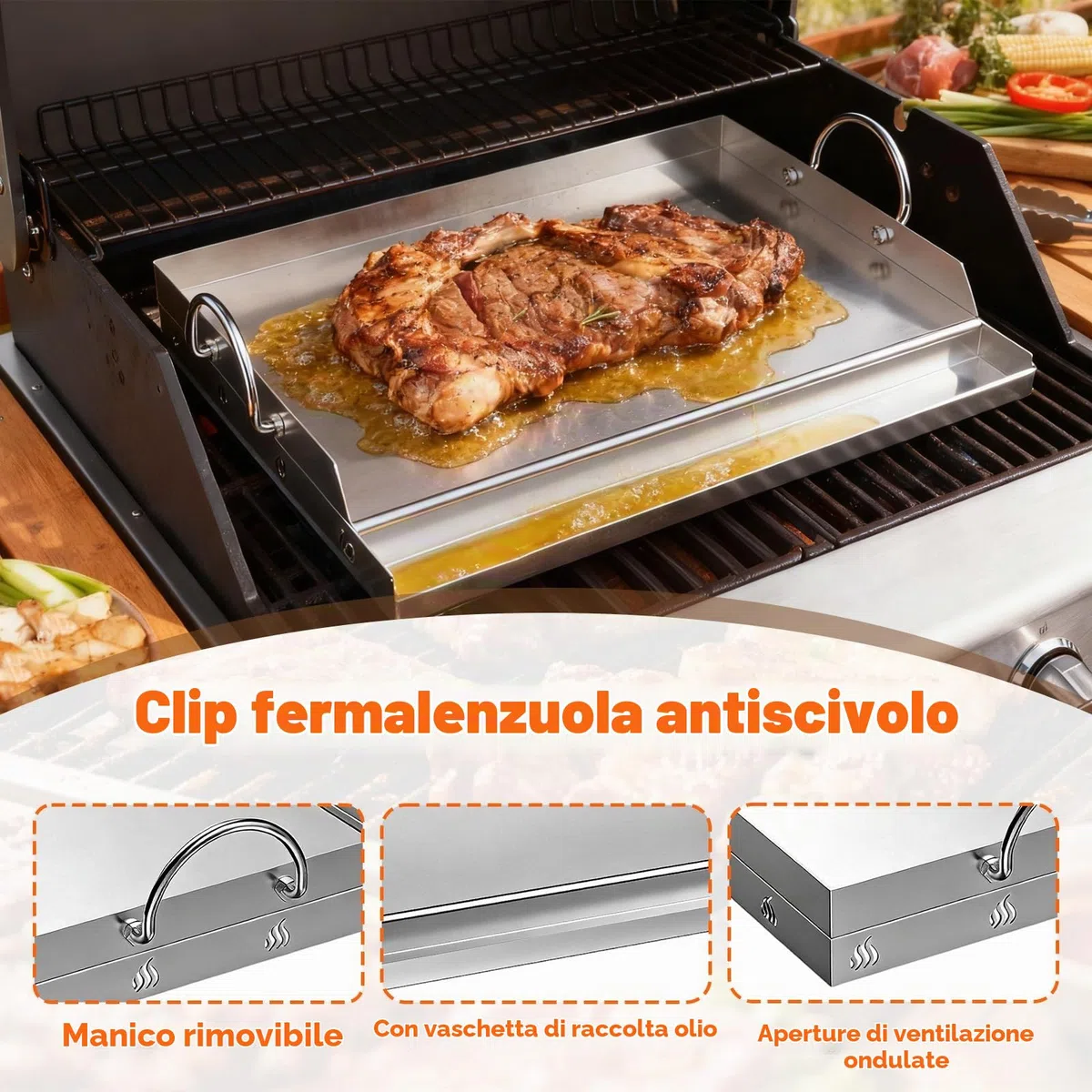Piastra Acciaio Inox con 2 Spatole e Manici, Raschietto, Bistecchiera Rettangolare Universale 58x41x7.5cm, Piastre Barbecue Ghisa Fornelli Gas Accessori Griglia BBQ per Campeggio Festa Eventi Esterno