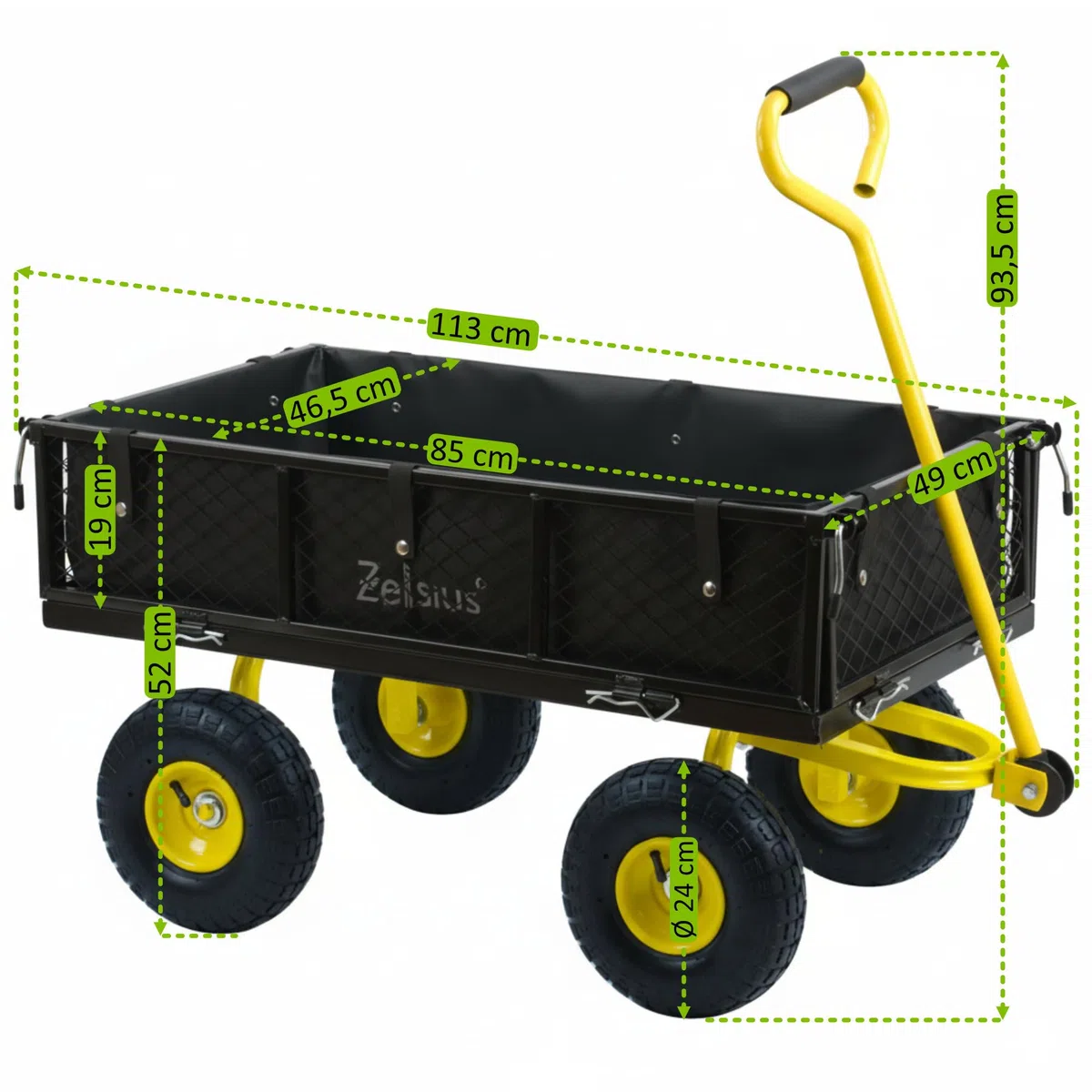 Zelsius Carretto | 350 kg di portata: 75 litri | Nero/Giallo | Carrello da giardino | Carrello da giardino | Carrello pneumatico a mano | Carrello pieghevole a mano per giardinaggio