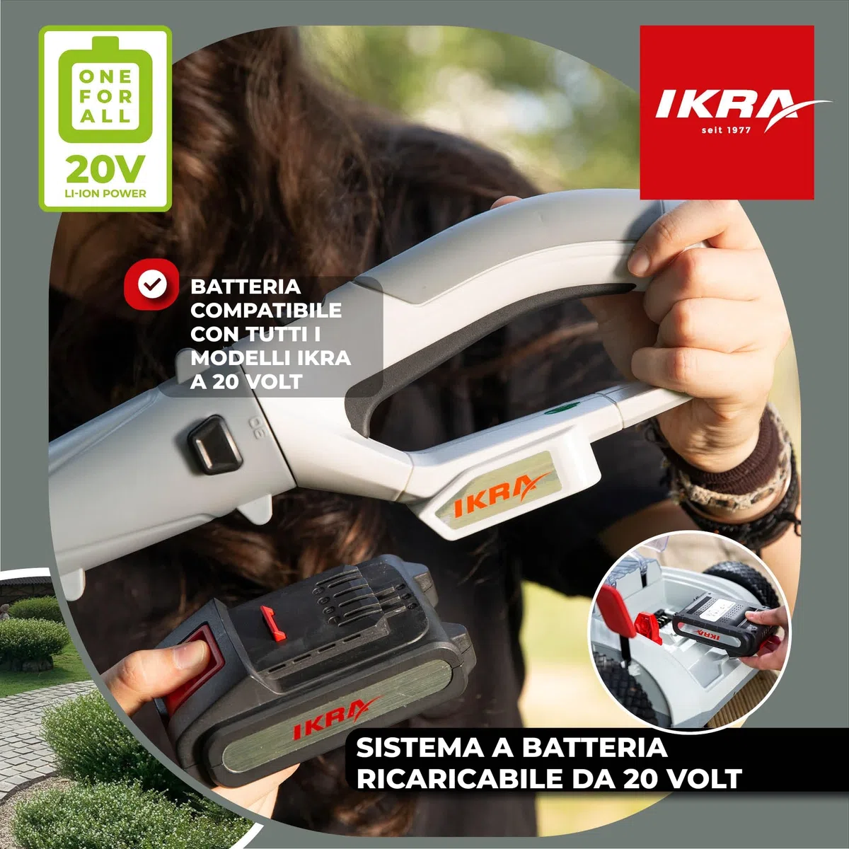 IKRA batteria 20V 2,0Ah LI 22, adatta a tutti gli attrezzi da giardino a batteria IKRA 20V, con display LED