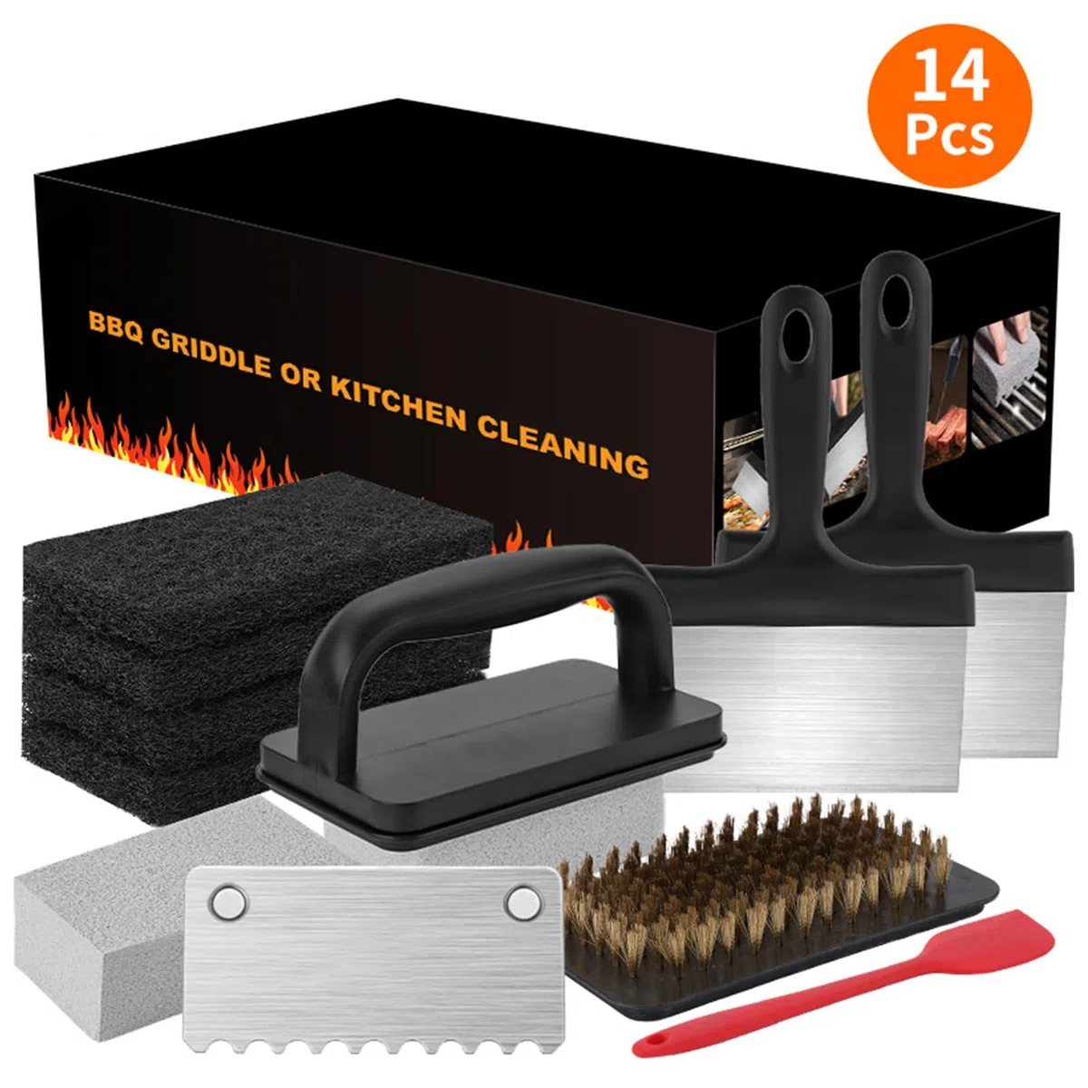 Kit Per Pulizia Piastra Barbecue, Attrezzi per Pulizia Piastre con Rimozione Ruggine, Utensili da Cucina Portatili Resistenti, Set Ergonomico per Picnic, Spiaggia e Giardino
